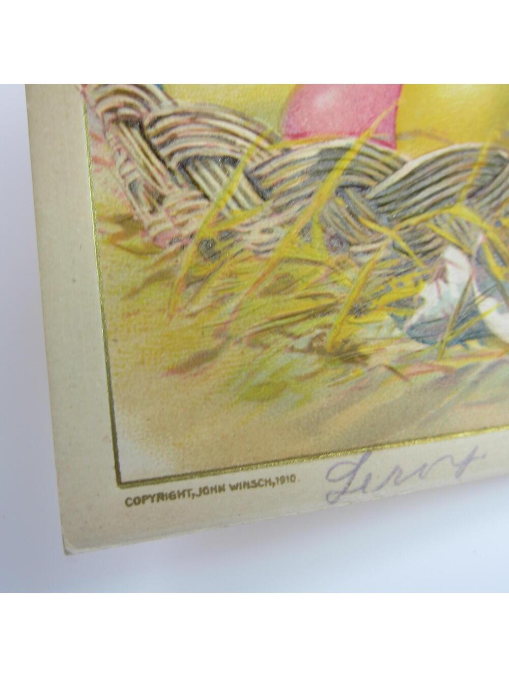 Easter White Rabbit & Chick  Sit on Colored Eggs in Basket Embossed Antique - Picture 12 of 16